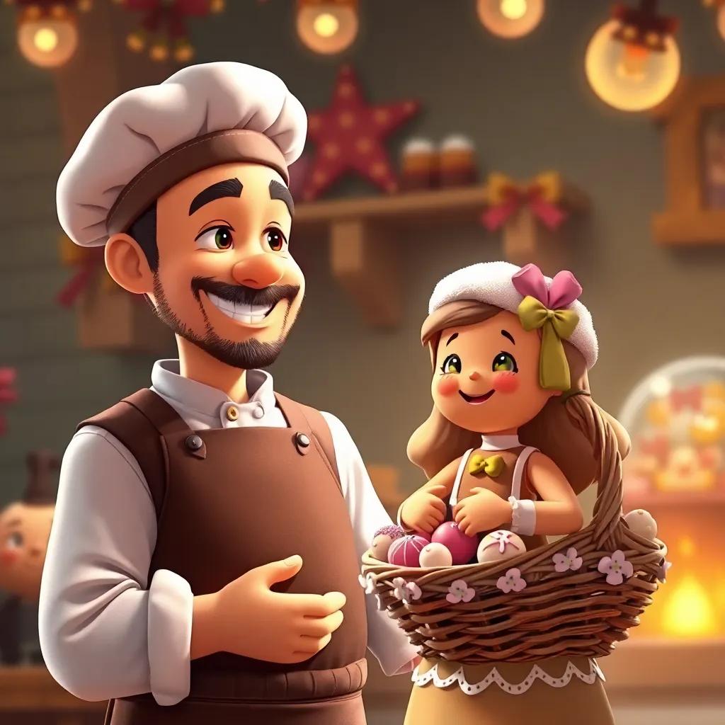 The baker smiling proudly at the gingerbread girl, standing close with a basket full of sweets, filled with happiness, warm colors, heartening atmosphere