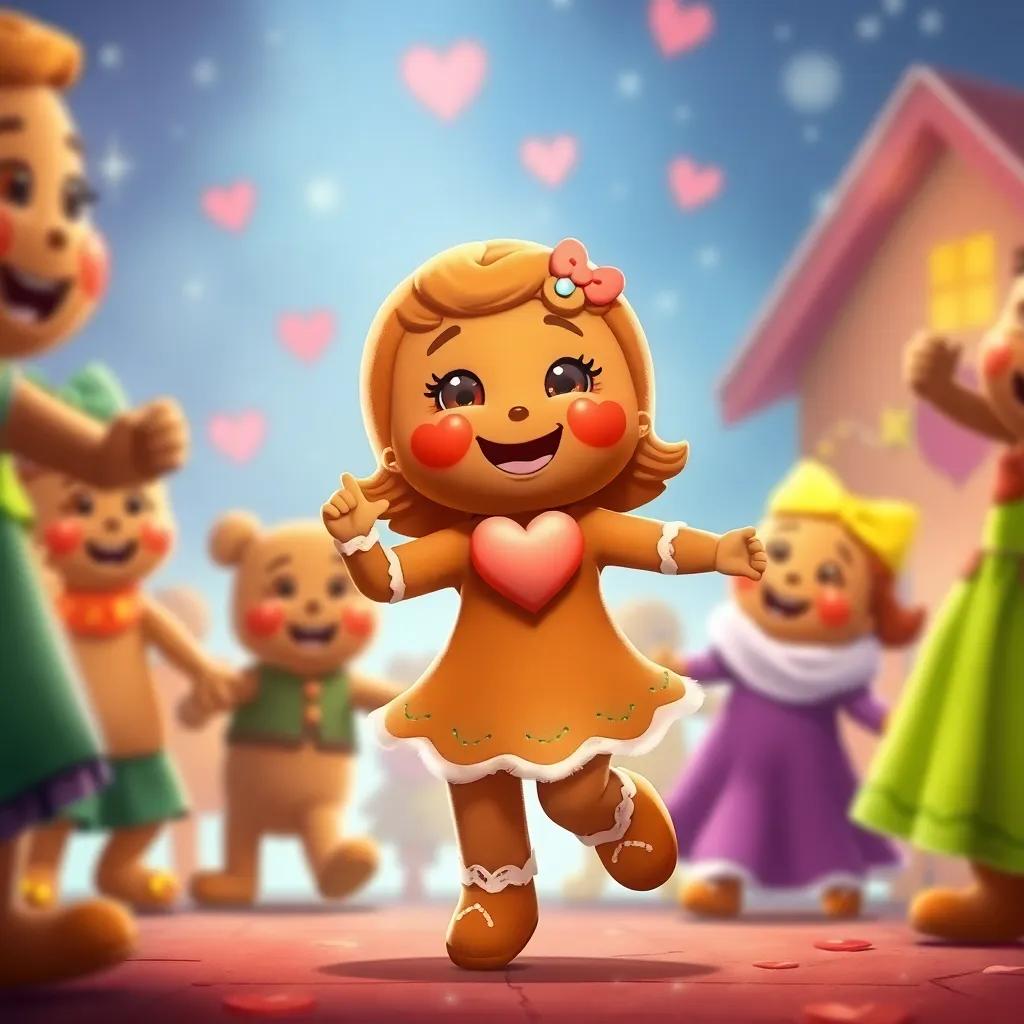 The gingerbread girl dancing with a happy heart, surrounded by friends, with sparkling eyes filled with joy and delight, vibrant colors, magical moment