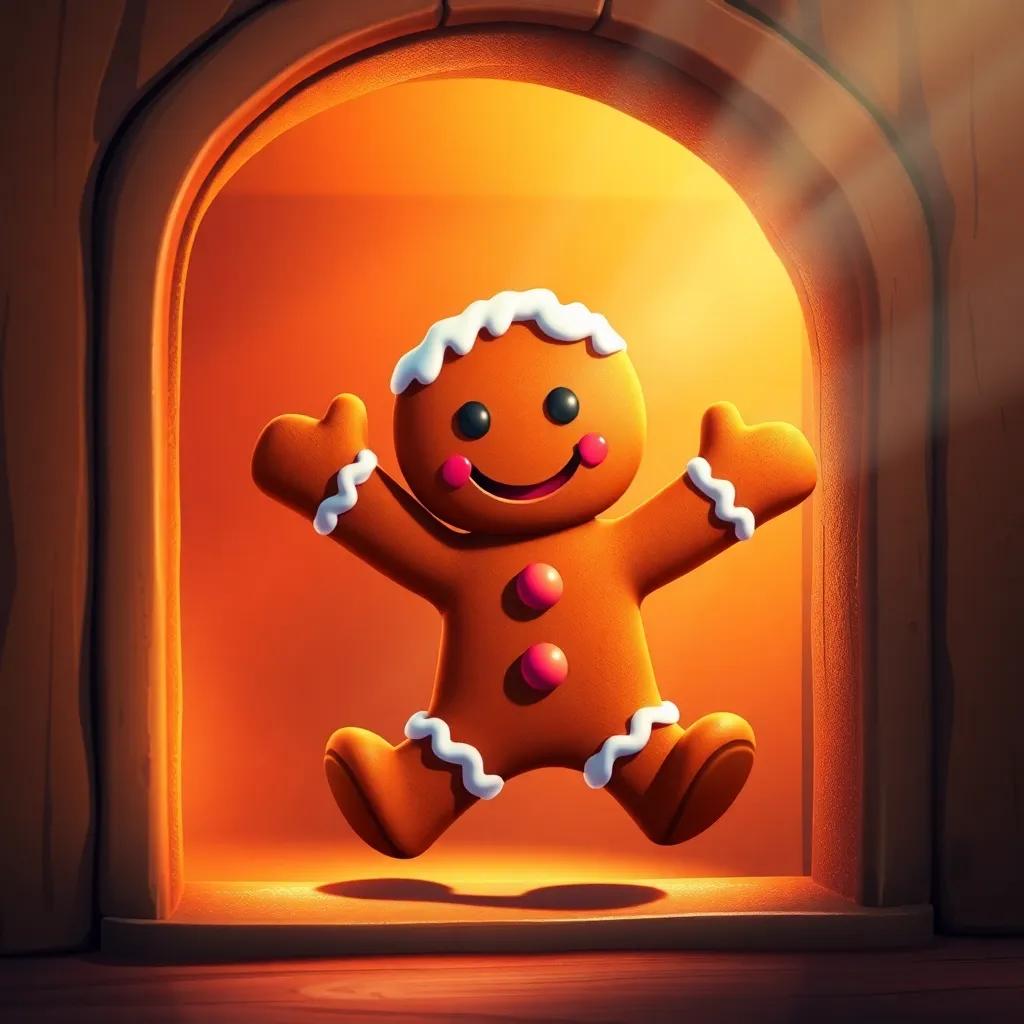 A smiling gingerbread man with icing decoration, jumping out of a warm oven, sunlight streaming in, setting a cheerful tone, digital art, vibrant colors, welcoming atmosphere, high quality