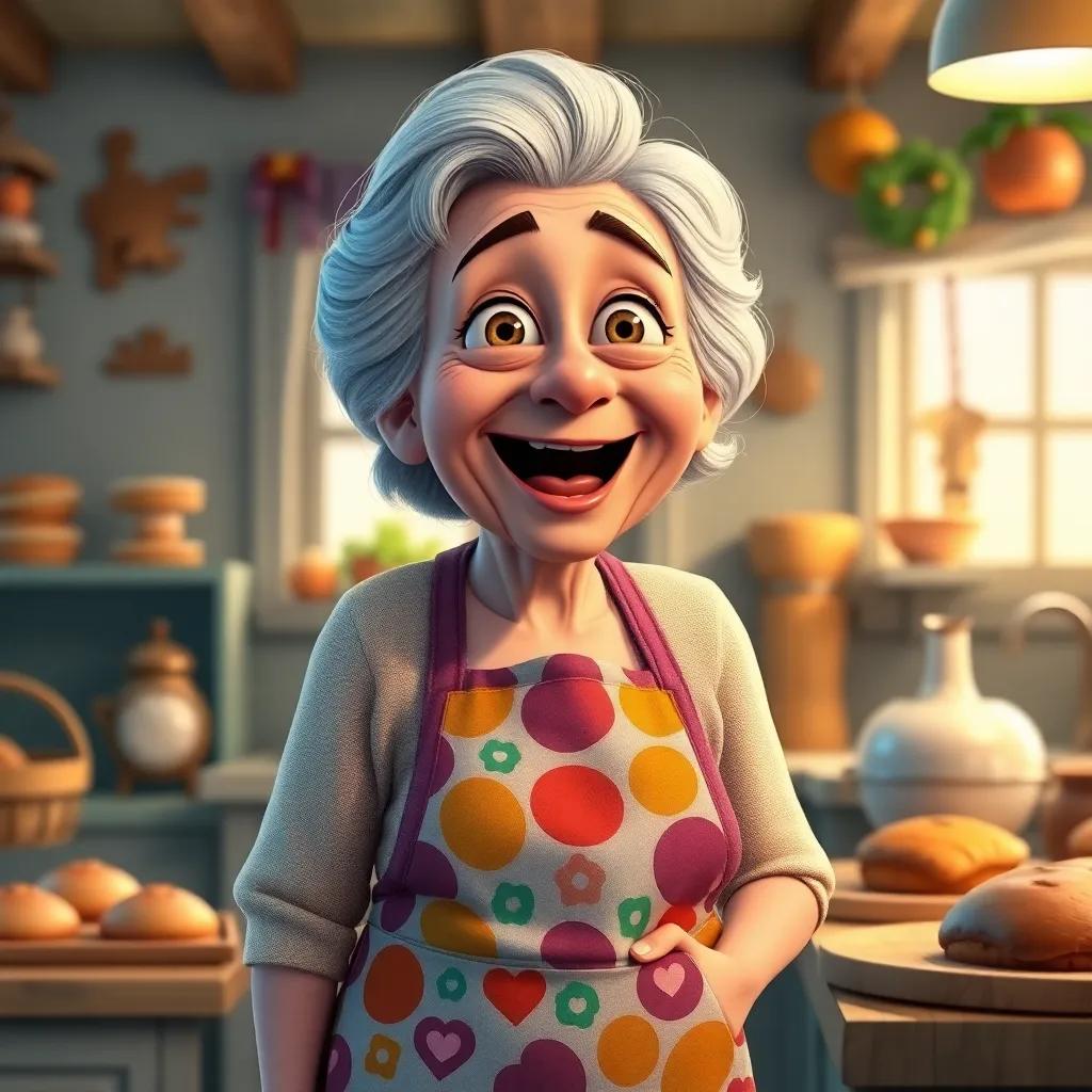 An old woman with gray hair wearing a colorful apron, looking surprised and joyful, in a cozy cottage kitchen filled with baked goods, warm light, inviting decoration, child-friendly illustration