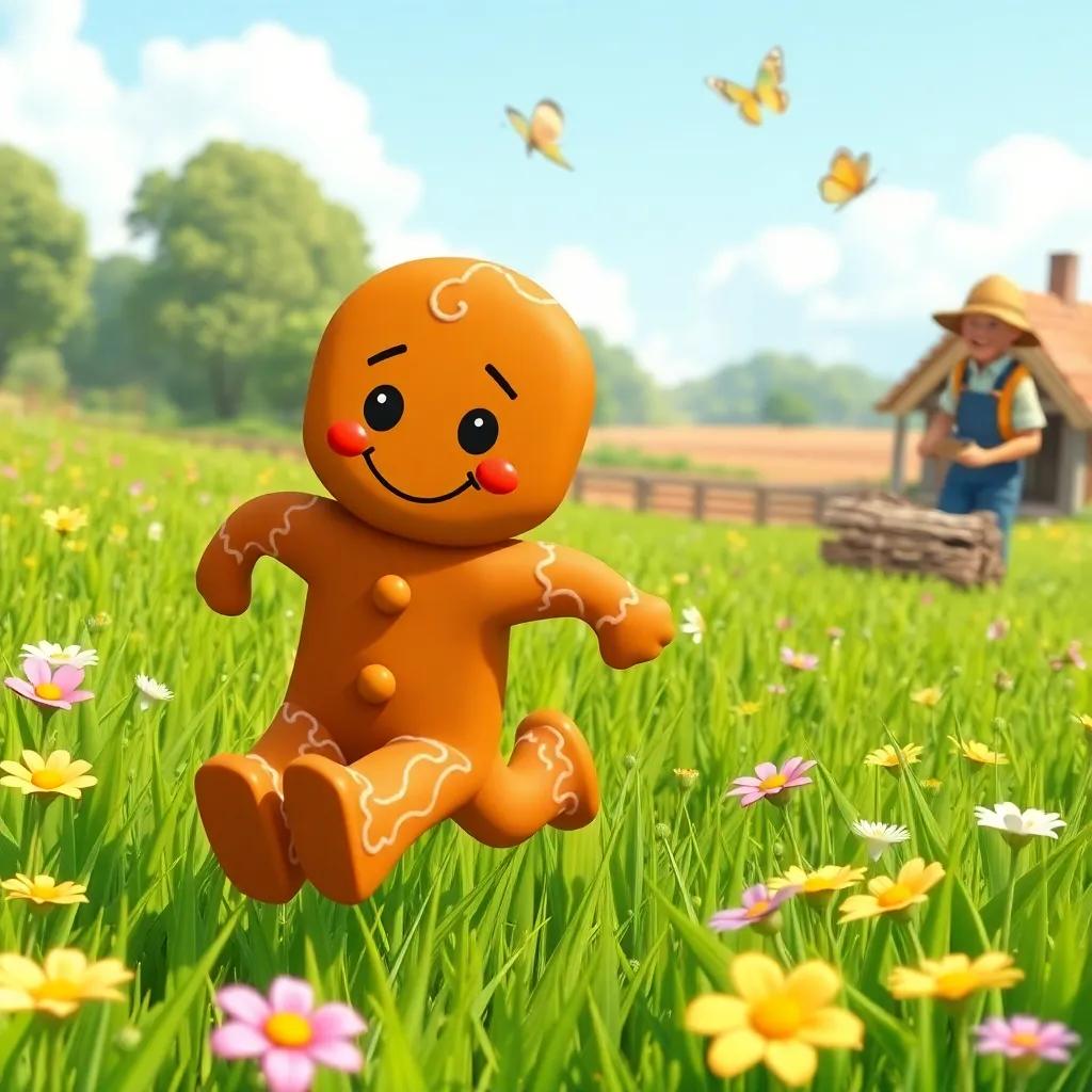A cheerful gingerbread man racing through a bright green field, with flowers and butterflies, a startled farmer in the background, depicting a lively rural scene, cartoon style, cheerful colors