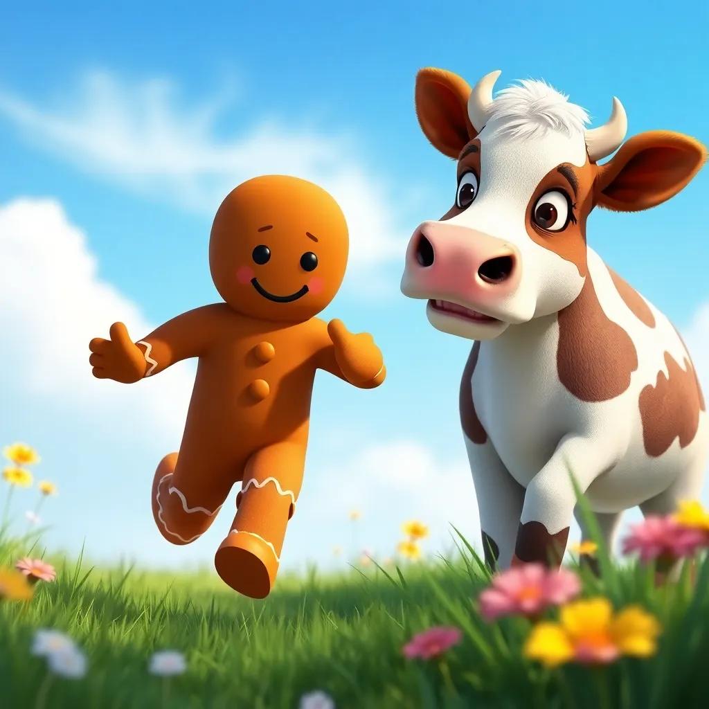 A gingerbread man running past a cow in a meadow, with the cow looking confused and curious, vivid blue sky above, colorful, playful scene, bright and lively illustration