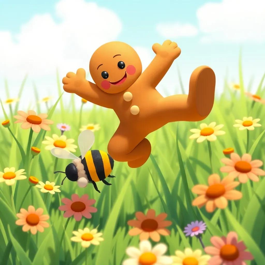 A playful gingerbread man jumping over a bee among flowers, with green grass all around, a sunny day with bright colors, child-friendly illustration