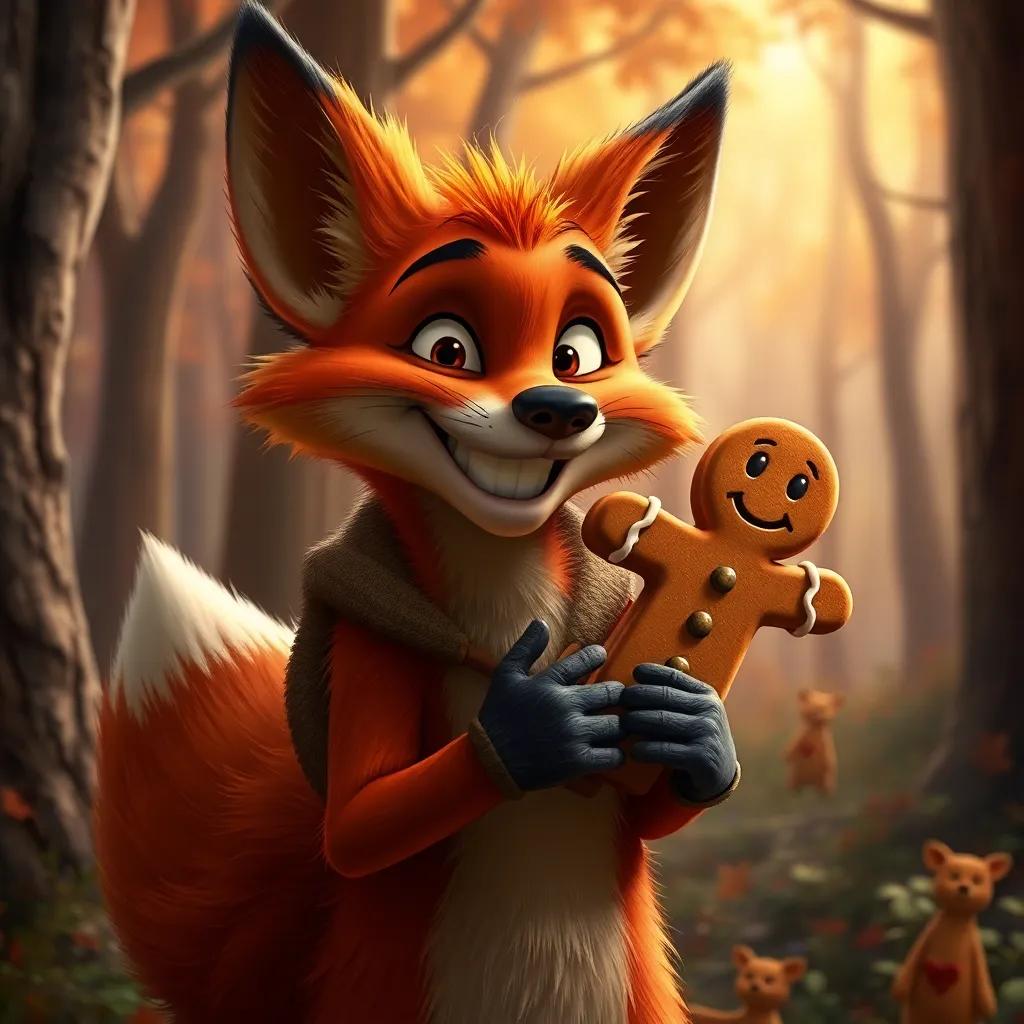 A sly fox with a mischievous grin, inviting a gingerbread man onto his back, set in a forest with trees around, detailed digital art, warm tones