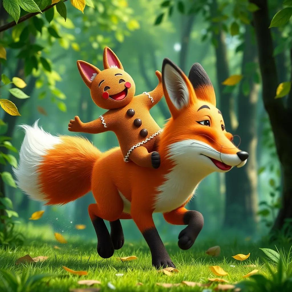 The gingerbread man joyfully riding on the back of a sly fox, who is running through a lush forest, leaves rustling, cheerful and lively scene, vibrant