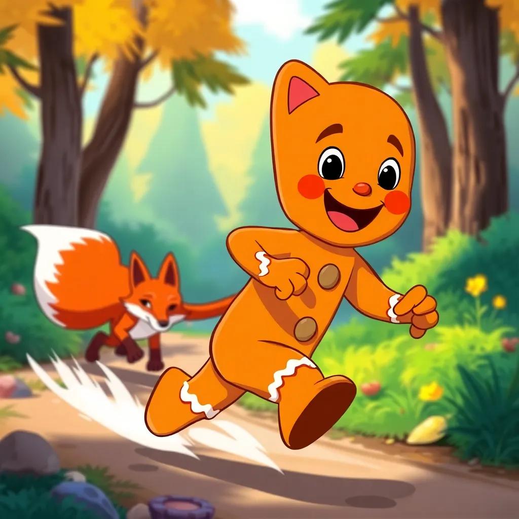 The gingerbread man looking happy and clever, racing away from a sly fox behind him, colorful forest setting with trees and sunshine, playful illustration