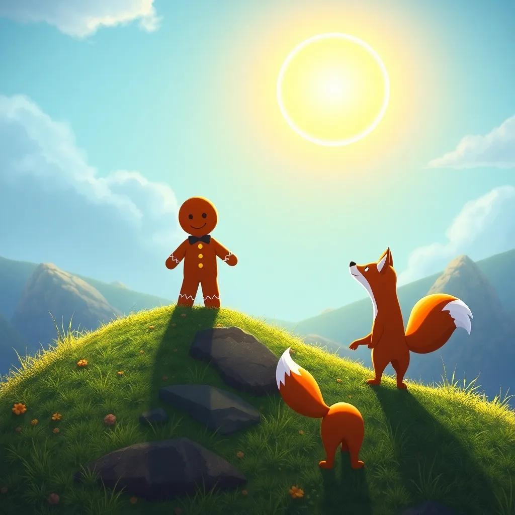 A gingerbread man standing on a hill, looking back with a smile at the confused fox below, bright sun shining down, heartwarming end to the adventure, colorful