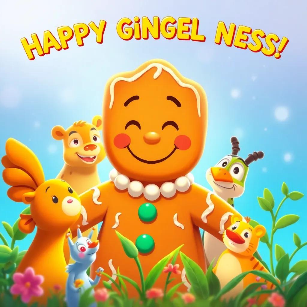 A bright and cheerful illustration of the gingerbread man smiling, surrounded by friends (animals and plants), celebrating cleverness, warm lighting, vibrant colors