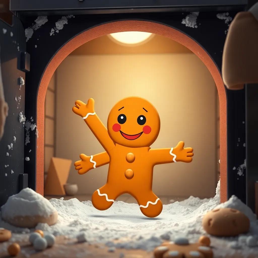 A lively gingerbread man with smiley icing eyes, jumping out of an oven, surrounded by flour and cookie dough, cozy kitchen atmosphere, digital art, vibrant colors, cheerful light, engaging perspective, high quality