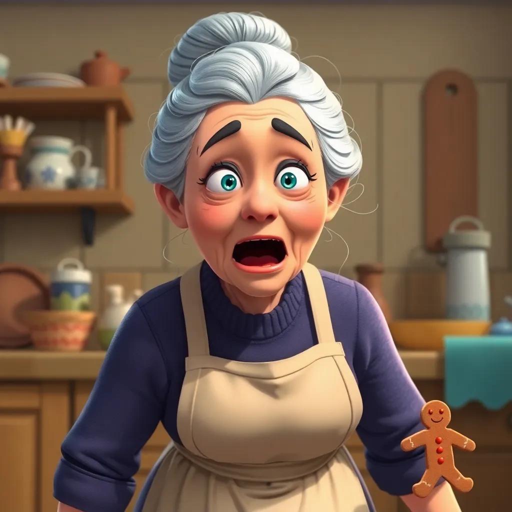 A kind old woman with gray hair in a bun, wearing an apron, gasping in surprise while chasing after the gingerbread man, warm kitchen background, digital illustration, lively colors, animated feel, storytelling view