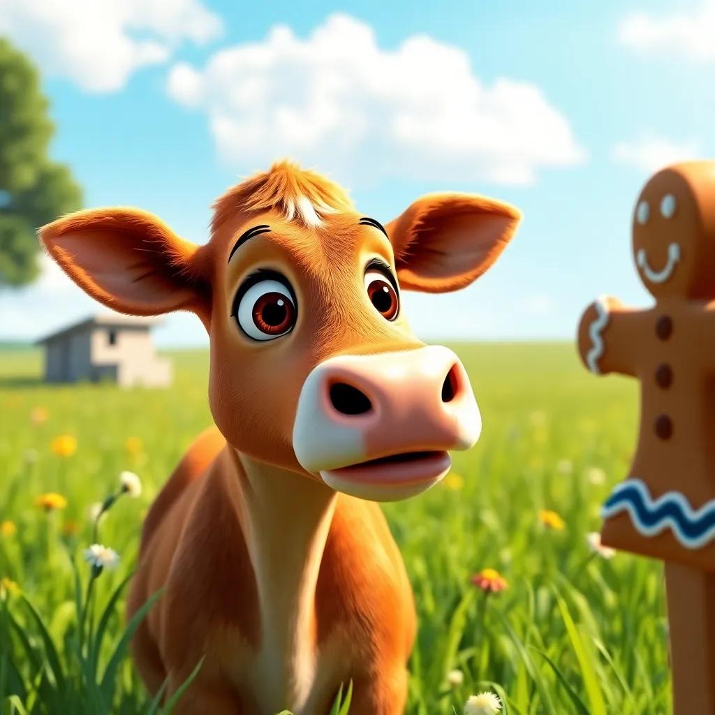 A curious brown cow with big eyes, standing in a green meadow, looking at the gingerbread man with surprise, bright sunny day, charming scenery, colorful digital art, joyful expression, engaging perspective, high quality