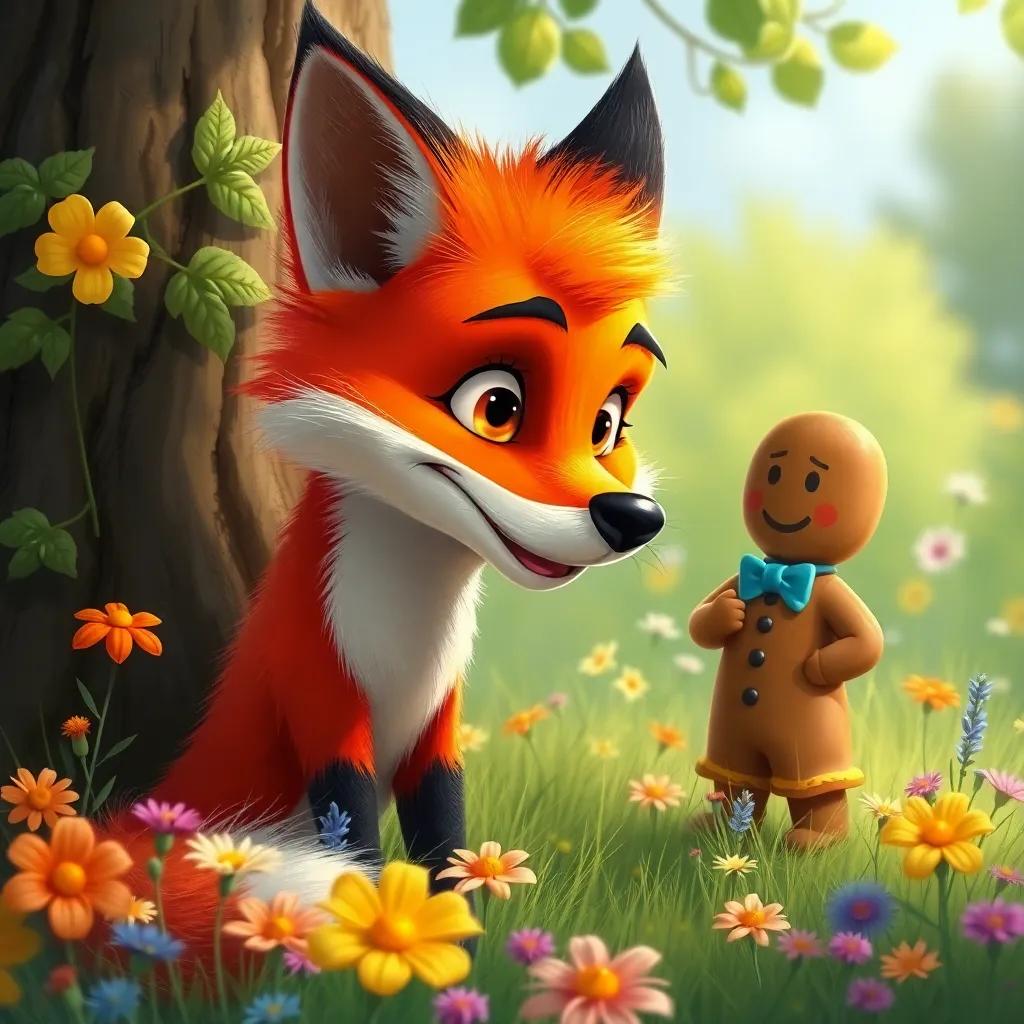 A sly fox with bright orange fur and clever eyes, talking to the gingerbread man near a tree, colorful wildflowers, cheerful ambiance, digital painting, playful colors, whimsical style, detailed focus