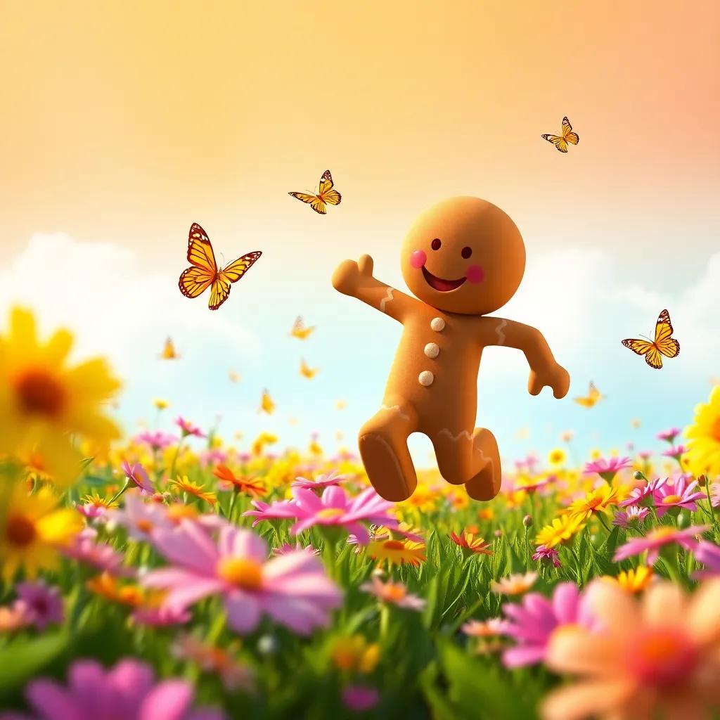 A gingerbread man happily running through a field of bright flowers, butterflies fluttering around him, sunny sky, colorful and joyful, digital art, vibrant, lively atmosphere, engaging perspective, high quality