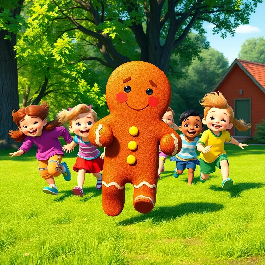 A group of laughing children running behind the gingerbread man, colorful clothing, cheerful expressions, bright green grass and trees, warm day, digital illustration, lively colors, playful scene, storytelling view