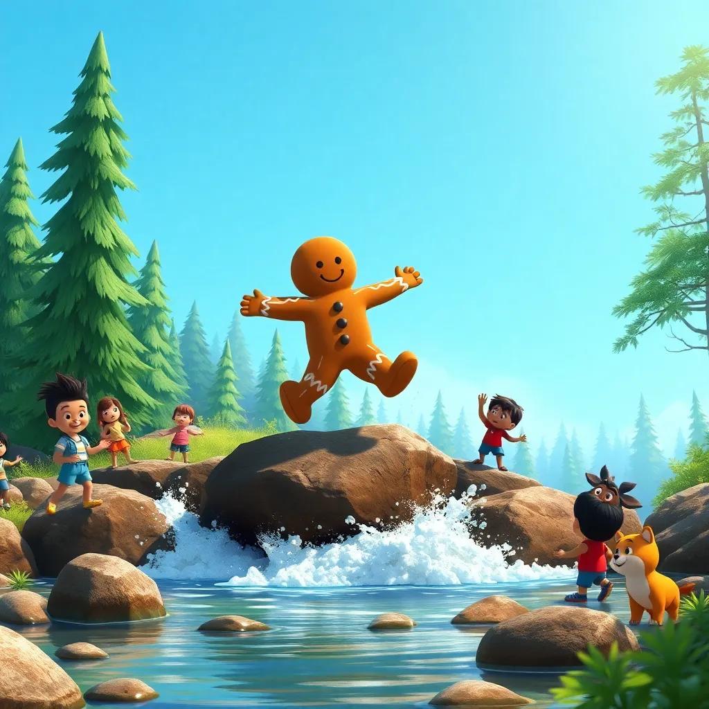 A gingerbread man jumping on rocks to cross a river, splashing water around, surrounded by children and animals watching, bright blue skies, cheerful woods, colorful digital art, engaging scenery, fun atmosphere