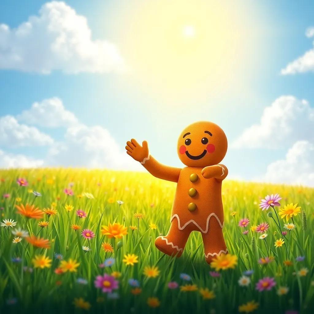 A gingerbread man dancing under a sunny sky in a green meadow, waving goodbye with a big smile, colorful wildflowers all around, vibrant digital painting, cheerful light, friendly atmosphere, high quality