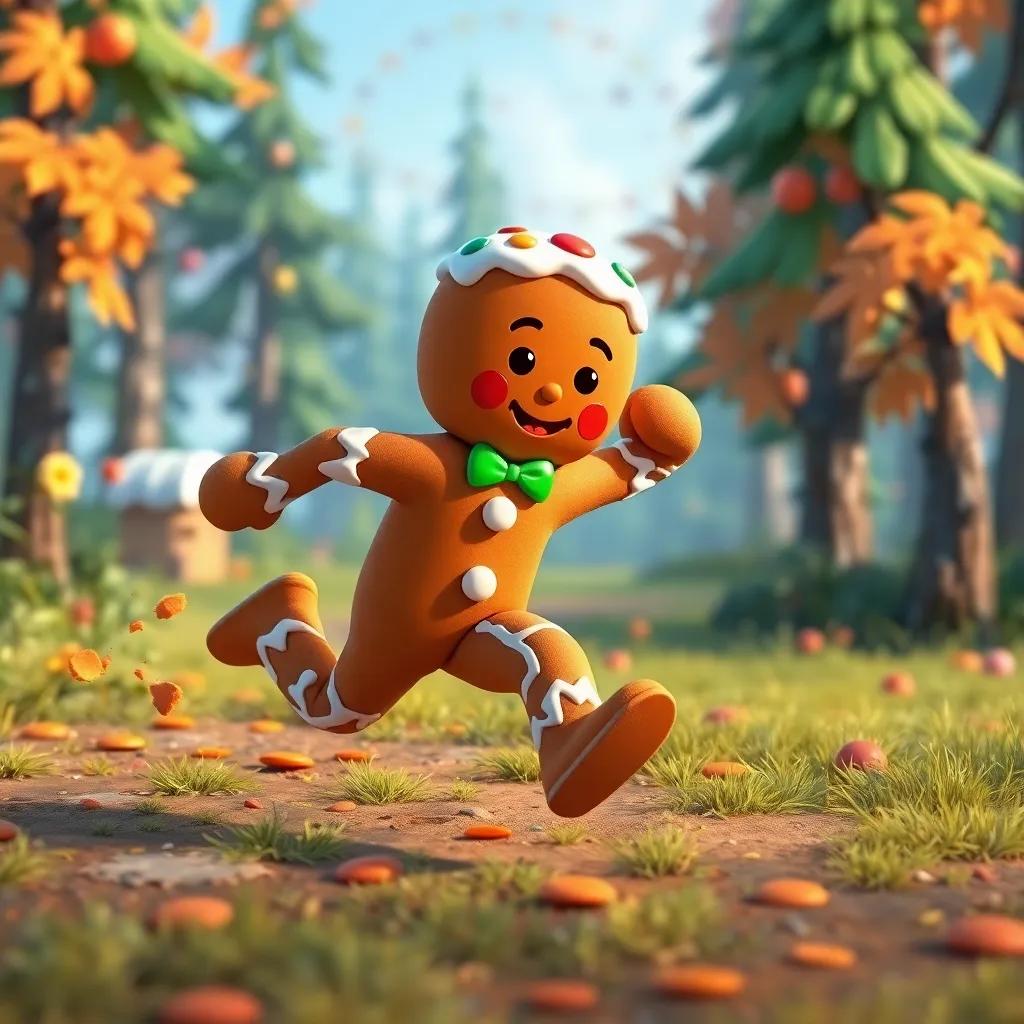 The gingerbread man with icing decorations, sprinting away with crumbs trailing behind him, lively forest in the background, engaging and colorful, fantastic scene, joyful atmosphere, whimsical style, digital art, bright colors