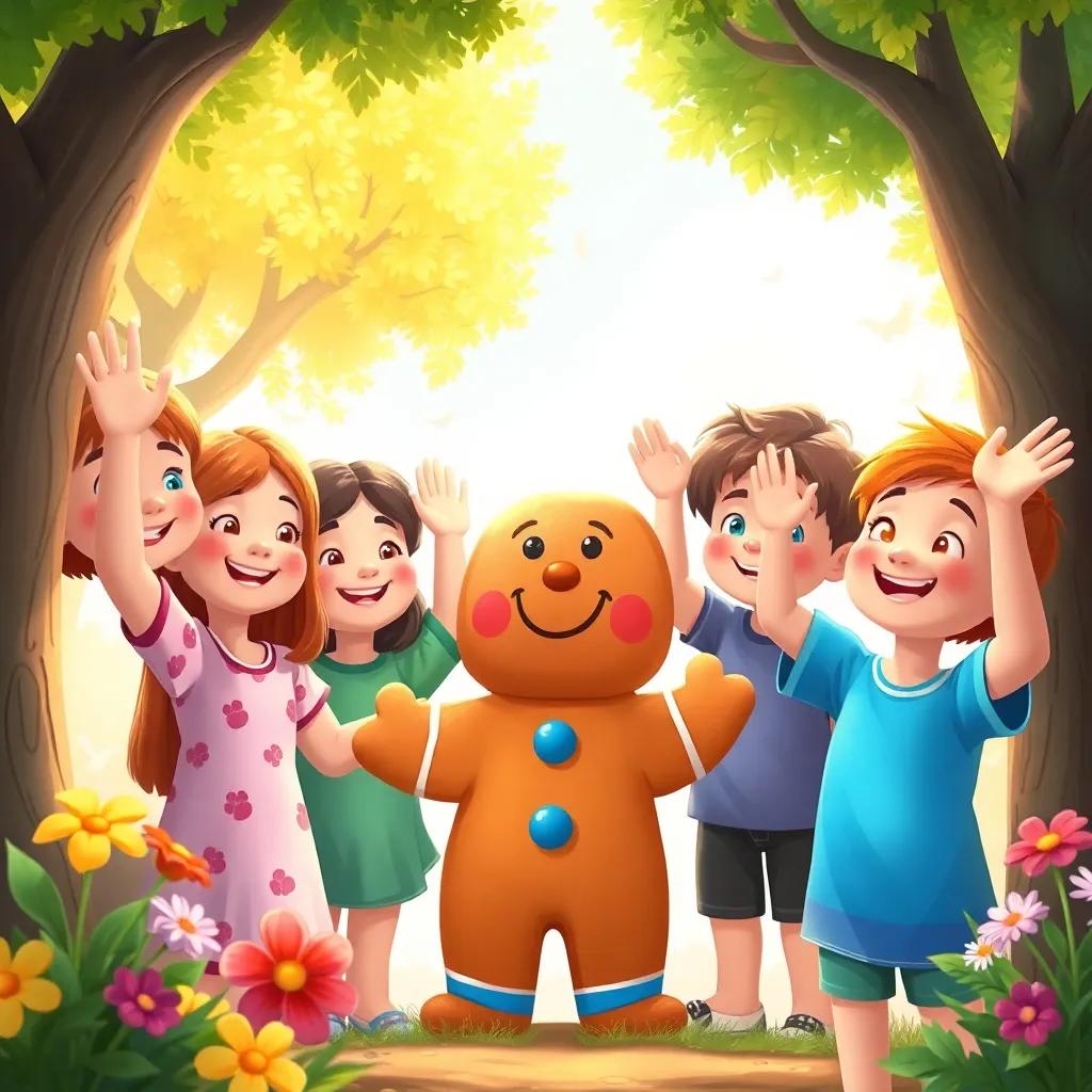 A group of children smiling and waving as they look for the gingerbread man, with trees and flowers around them, vibrant and colorful scene, cheerful expressions, digital illustration, playful atmosphere, storytelling perspective