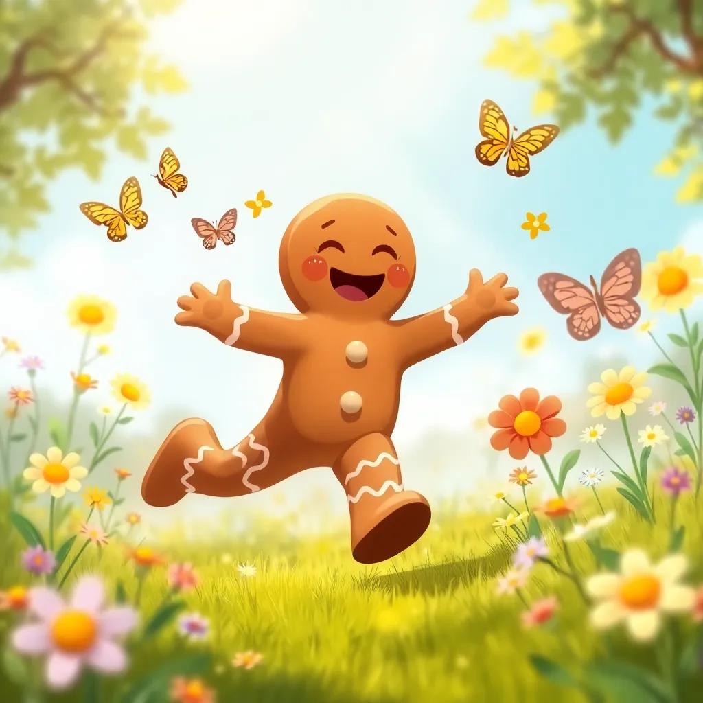 A gingerbread man running fast in a sunny meadow, with flowers and butterflies around, singing joyfully, lively and colorful, fun style, digital illustration, cheerful ambiance