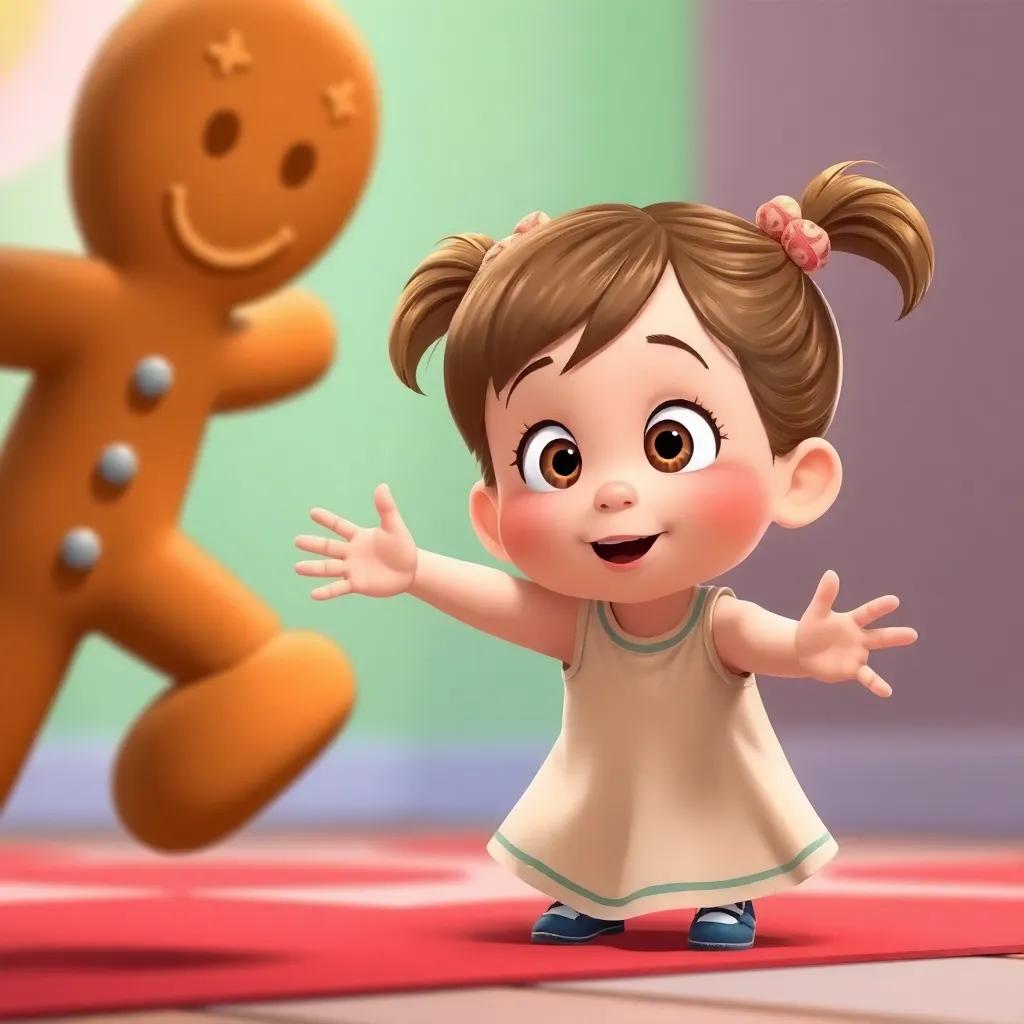 A curious little girl with pigtails reaching out, eyes wide with excitement, standing in front of a running gingerbread man, vibrant colors, child-friendly, playful atmosphere, illustration