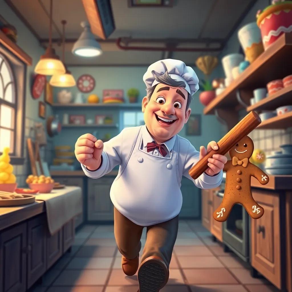 A baker, a middle-aged man, with a rolling pin in hand, chasing after the gingerbread man in a bustling kitchen, both full of action, rich details, cartoon style, heartwarming scene