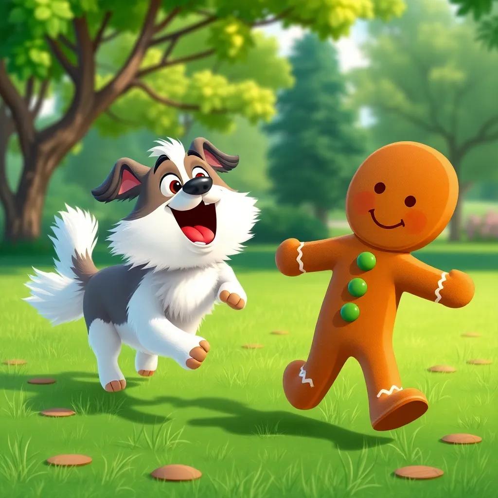 A barking dog, fluffy and excited, chasing a gingerbread man who is playfully dodging him, set in a green park, lively colors, energetic and fun, illustration