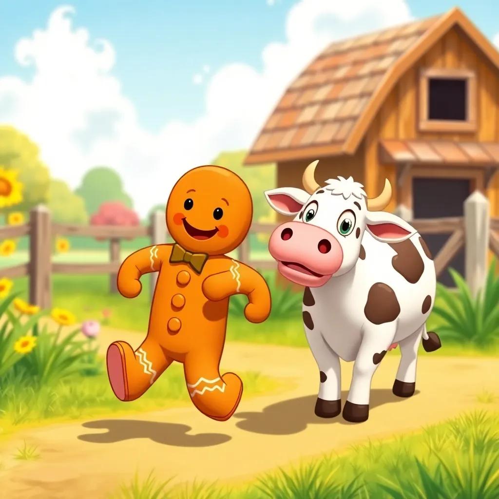A gingerbread man dashing past a friendly cow in a sunny farm, the cow looking surprised, colorful farm background with blue sky, playful art style, cartoonish