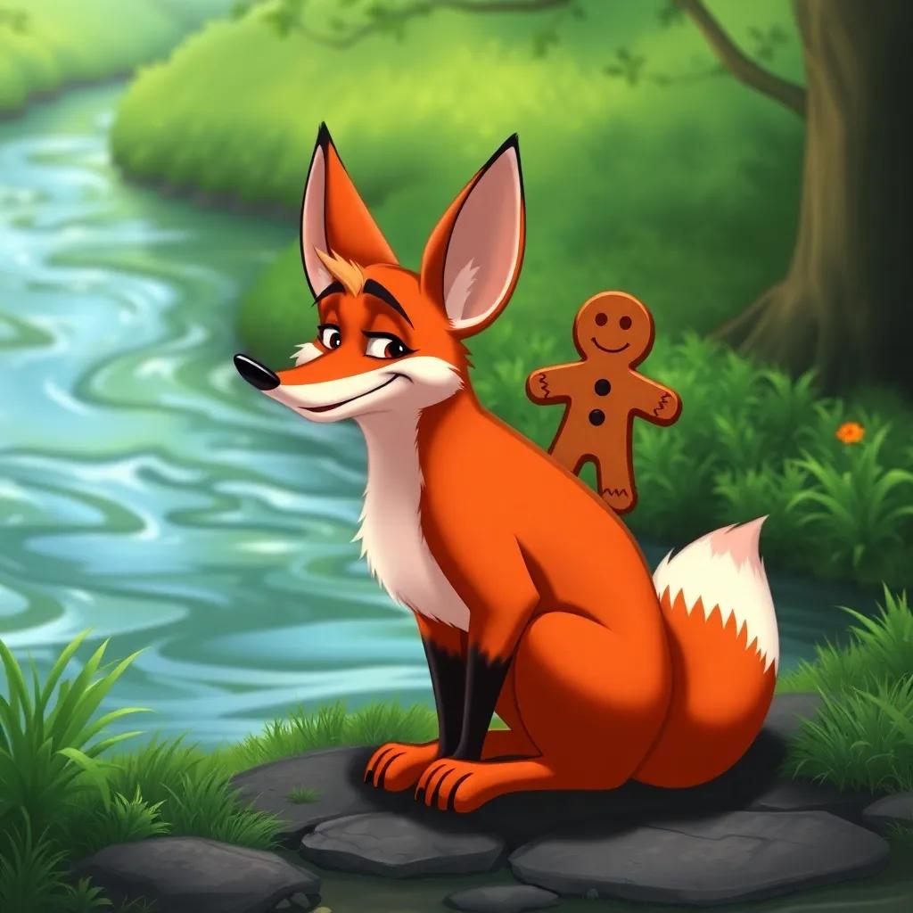 A clever fox with a sly smile, sitting by a riverbank, inviting the gingerbread man to jump on his back, lush green background with flowing water, charming visual, colorful