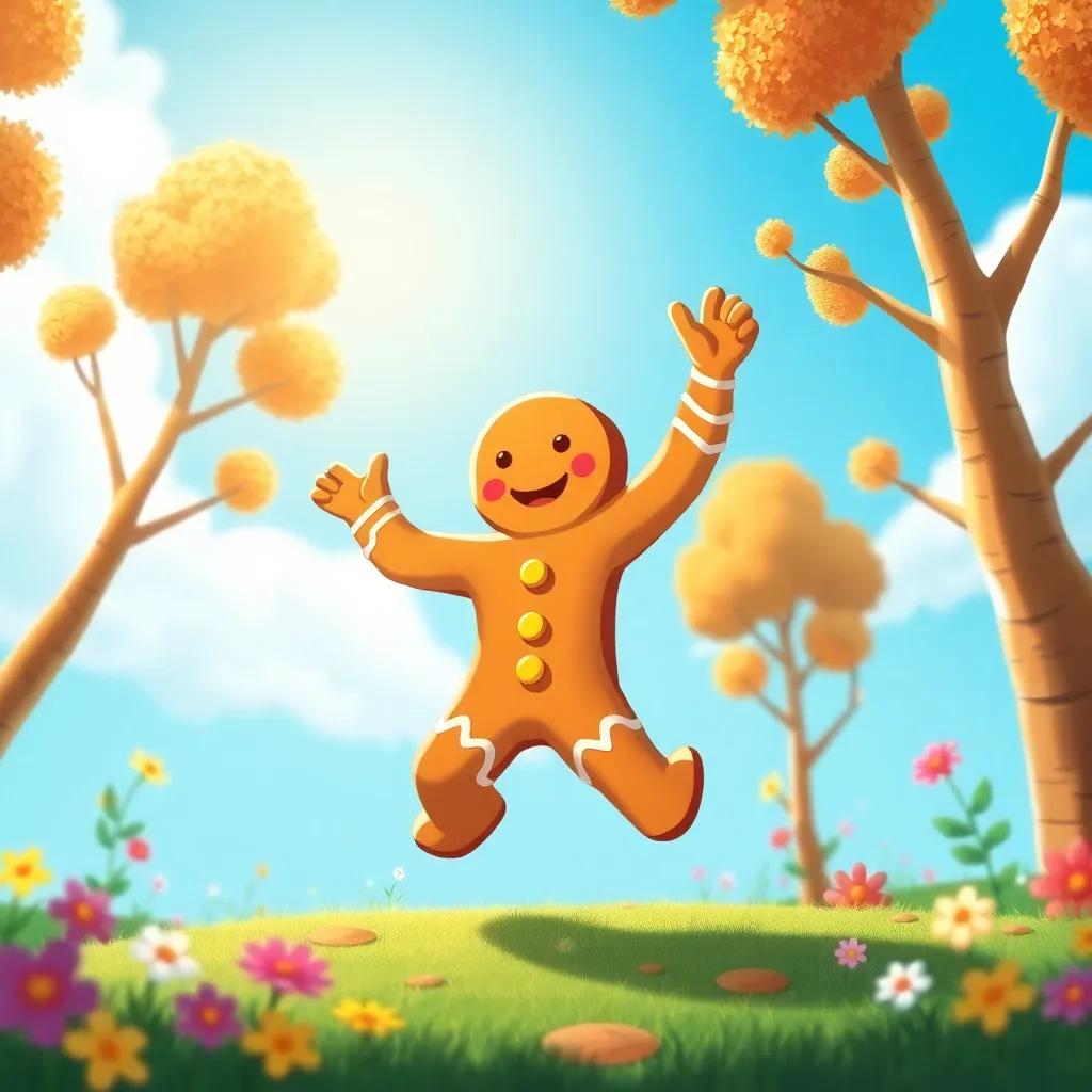 A gingerbread man spinning joyfully in a playful dance under sunlight, surrounded by trees, flowers, and a blue sky, vibrant colors, happy scene, child-friendly illustration