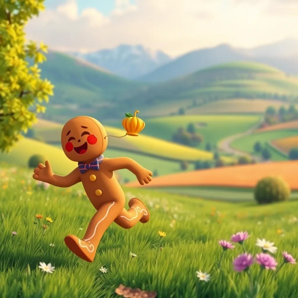 The gingerbread man continuing his joyful run, singing with glee, a beautiful landscape of fields and hills in the background, lively and bright, magical atmosphere, illustration