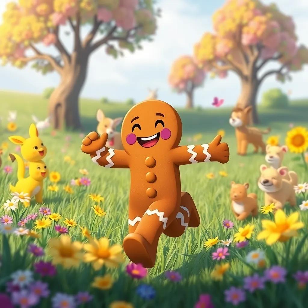 A joyful gingerbread man, running through the field with flowers, surrounded by happy animals and trees, vibrant colors and expressions, cheerful mood, whimsical art style