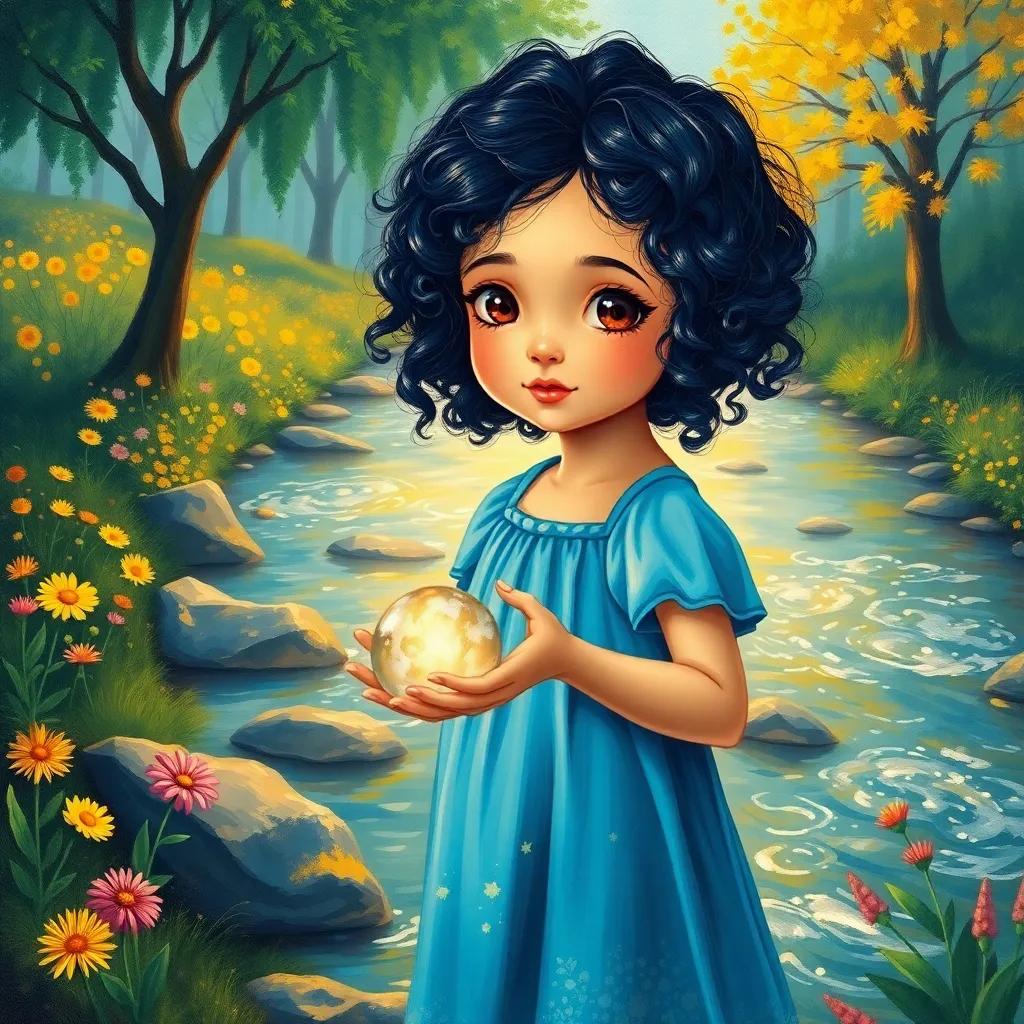 Lila, a young girl with curly black hair in a bright blue dress, holding a shiny stone by a sparkling stream, with flowers and trees around her, illustration, magical, warm light, engaging perspective, child-friendly