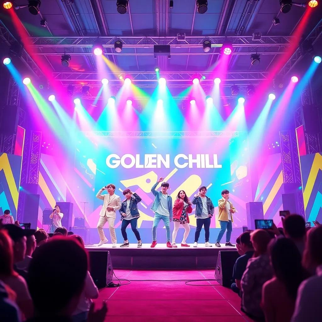 A bright, colorful stage with a K-Pop group called Golden Child performing, Alphas, Betas, and Omegas, lively and energetic atmosphere, digital art, cheerful colors, exciting perspective, high quality.