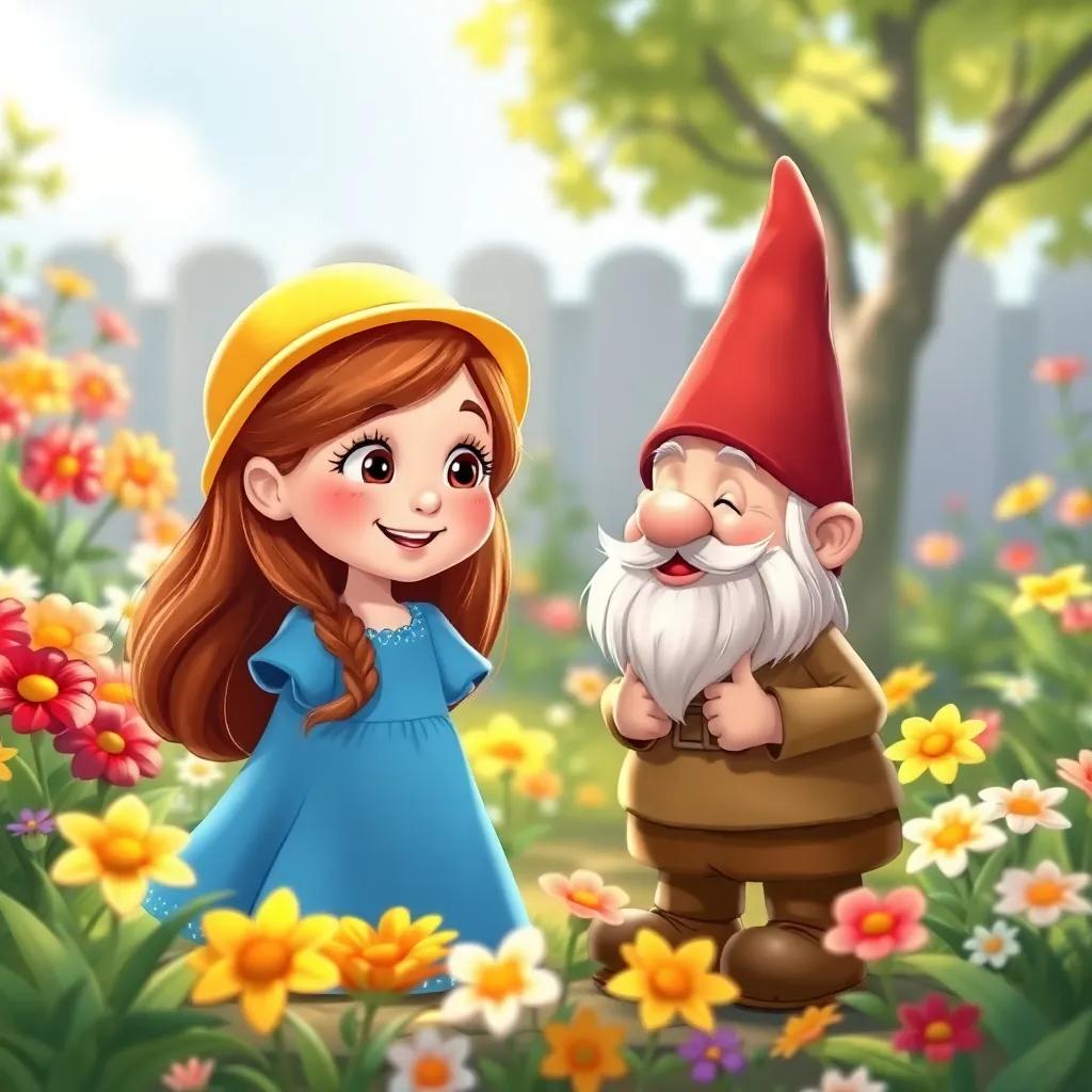 Lily, a young girl with long brown hair wearing a blue dress and a yellow hat, meeting Wiggly the gnome in the garden, surrounded by flowers, friendly expressions, colorful scene, illustration, happy vibes