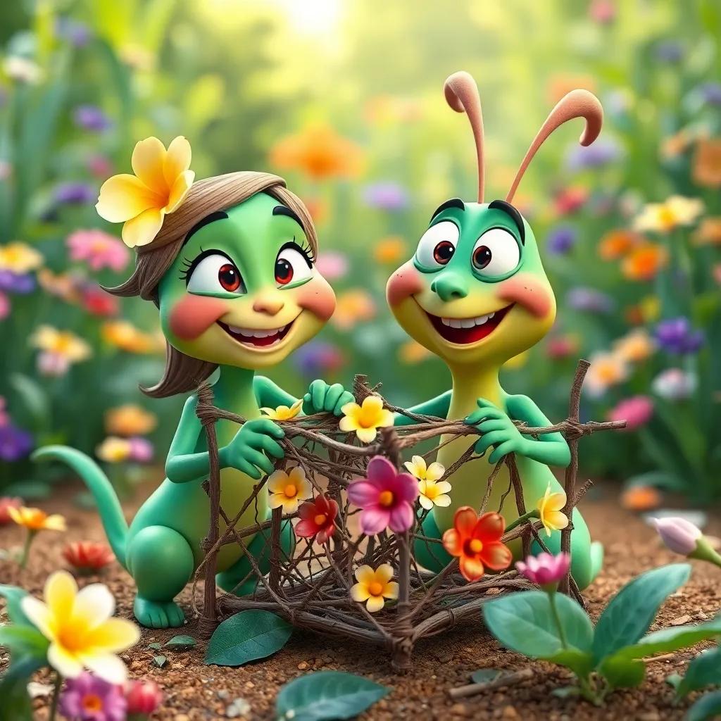 Lily and Wiggly building a funny-looking trap with twigs and flowers, smiling together, teamwork in action, colorful garden backdrop, cheerful feeling, digital art, engaging composition, high quality