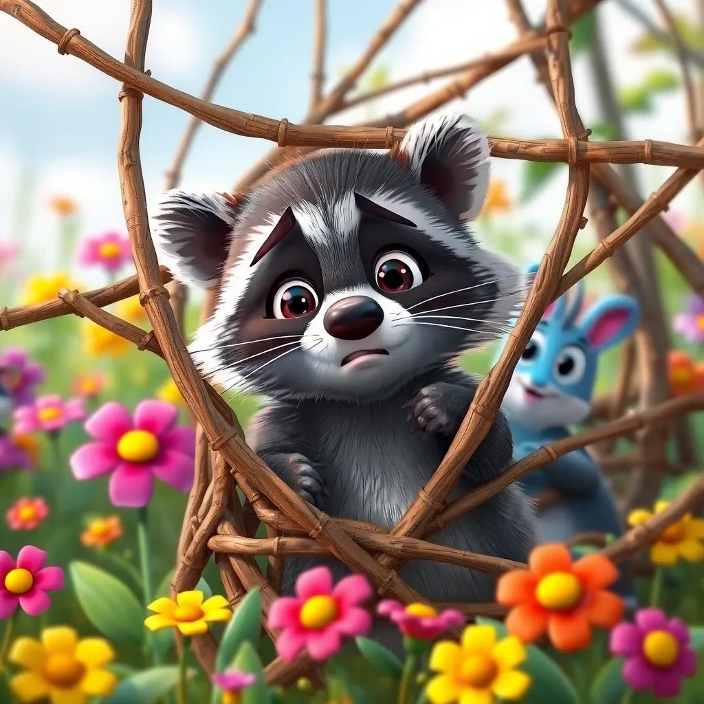 The raccoon getting stuck in the twigs of the trap, looking surprised and a little sad, Wiggly and Lily hiding nearby, colorful flowers, amusing moment, cartoon style, colorful and funny, vibrant scene