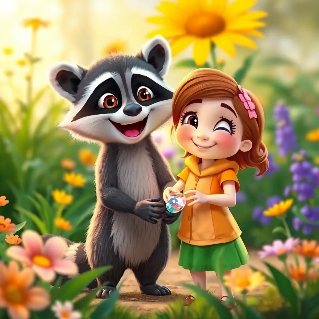 Wiggly and Lily being kind to the raccoon, standing together with smiles, a shiny stone in the raccoon's tiny hands, bright garden surrounding them, heartwarming scene, digital art, warm colors, joyful atmosphere