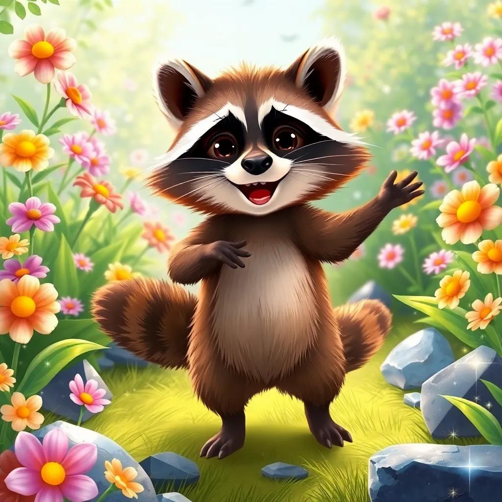 The raccoon happily dancing around in the garden with Wiggly and Lily, vibrant flowers and sparkling stones around, fun and playful vibe, joyous expressions, illustration, detailed scene, bright environment