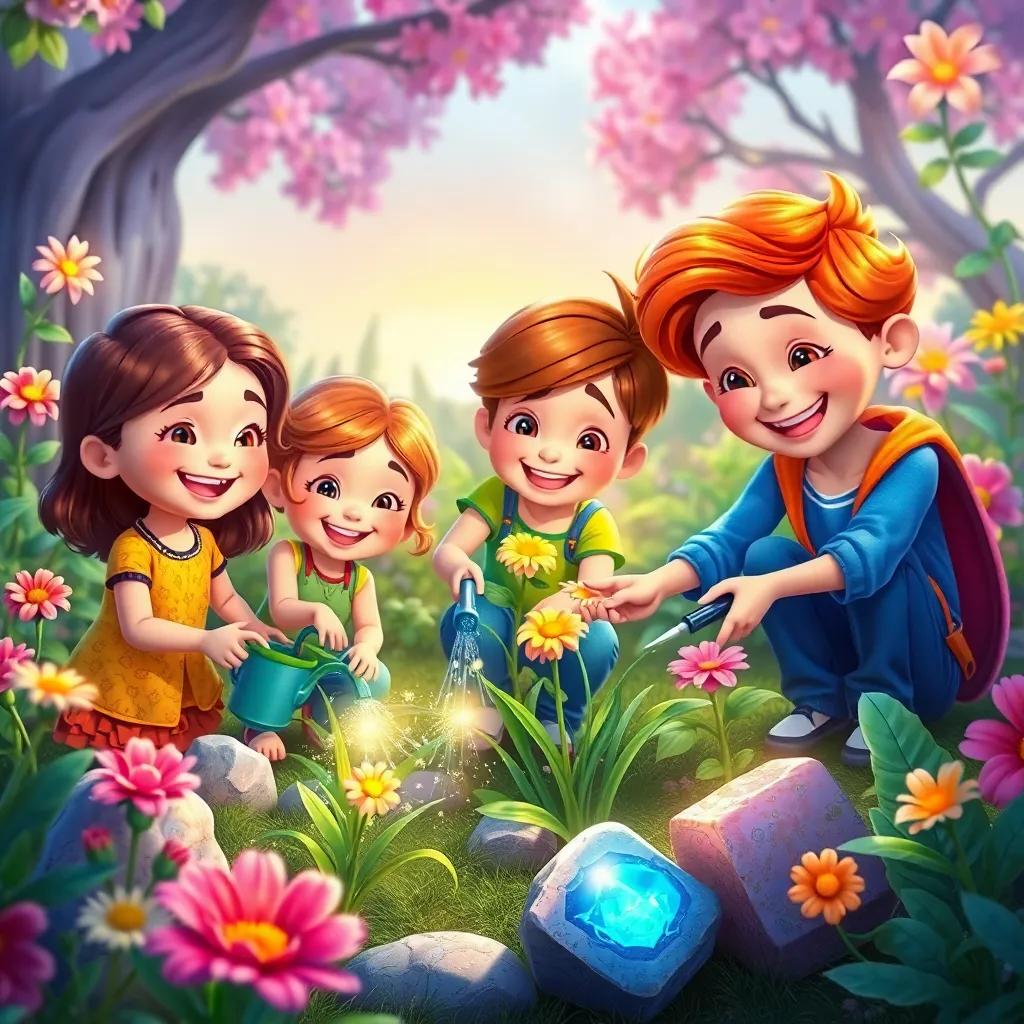 The three friends caring for the magical garden together, watering flowers, and looking after shiny stones, smiling faces, beautiful garden, colorful scene, digital art, vibrant colors, uplifting