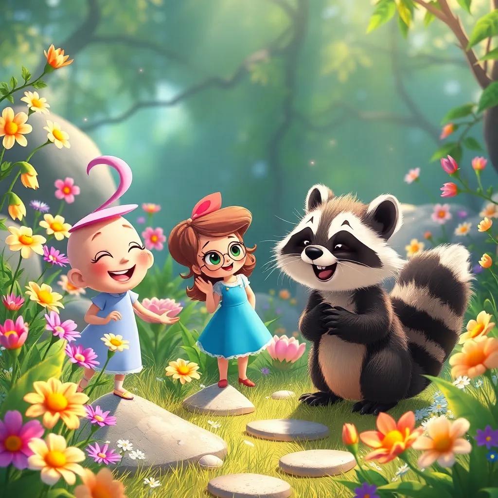 The beautiful garden blooming more with laughter among Wiggly, Lily, and the raccoon, colorful flowers and glittering stones, magical atmosphere, friendly creatures around, illustration, cheerful and bright, enchanting scene