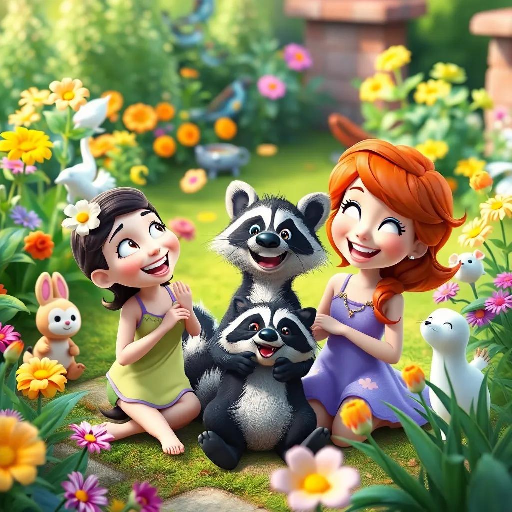 Lily, Wiggly, and the raccoon enjoying their friendship in the garden, surrounded by animals and flowers, joyful expressions, colorful and lively backdrop, digital art, heartwarming scene, high quality