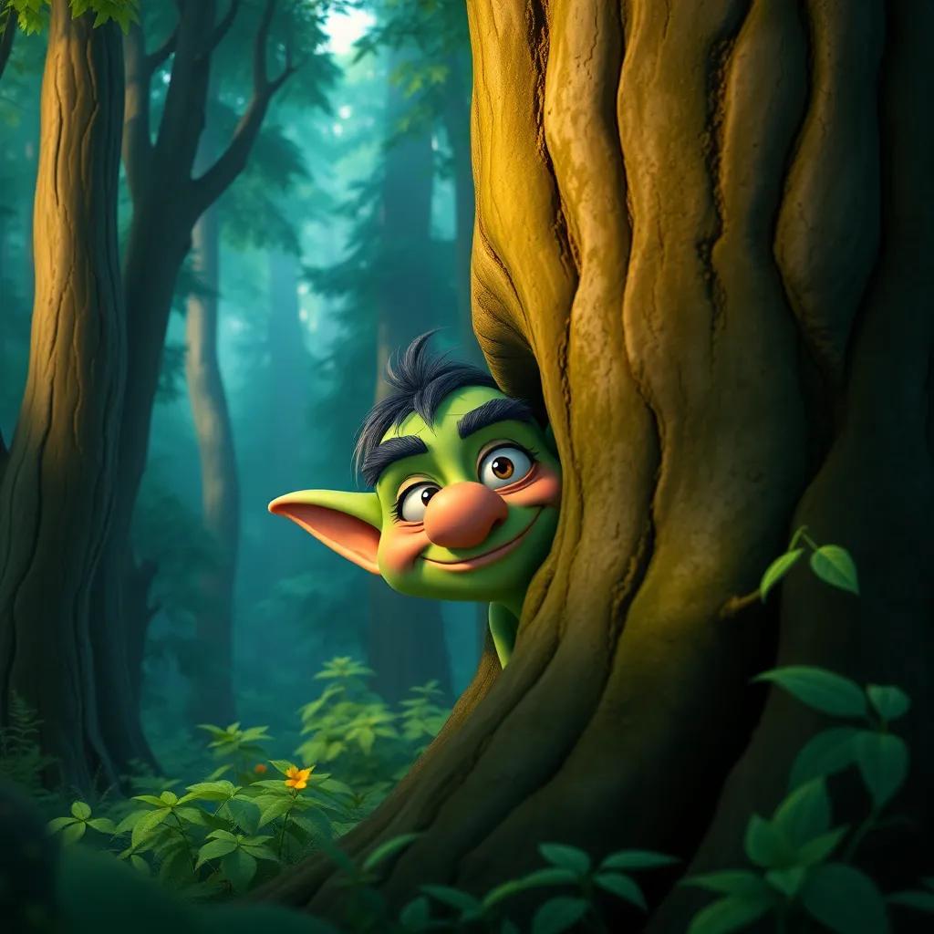 A small green goblin named Grump, with pointy ears and a big nose, hiding behind a large tree in a deep green forest, observing with a mischievous look, colorful forest scenery, playful atmosphere, digital art, vibrant colors