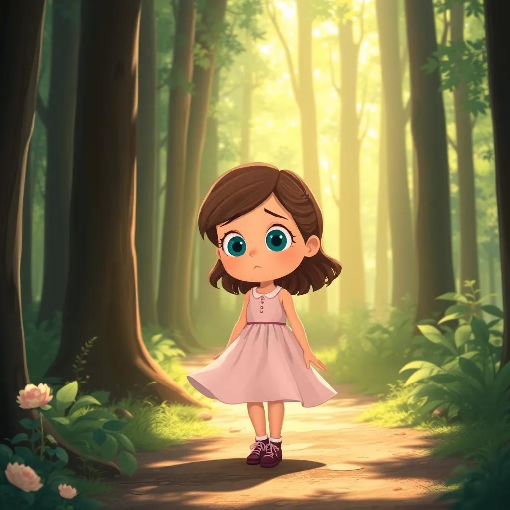 A little girl named Lily, looking worried and lost, wandering in a sunlit forest, her dress flowing gently, surrounded by tall trees and dappled sunlight, illustration, heartwarming, cheerful scene