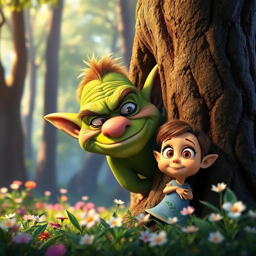 Grump, the goblin, popping out from behind a tree, trying to smile but looking funny, with Lily beside him, her eyes wide with curiosity, in a gleaming forest with flowers, bright HDR colors, child-friendly, whimsical