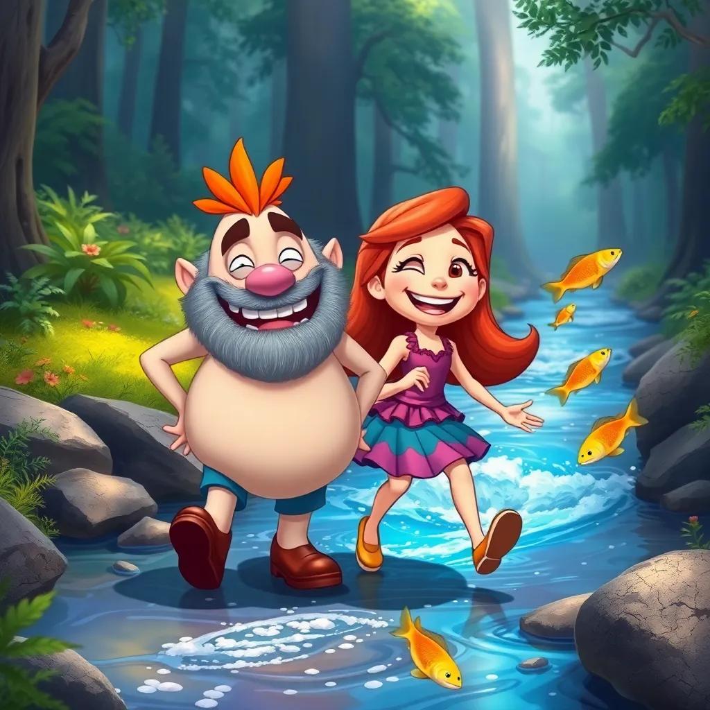 Grump and Lily walking side by side near a sparkling stream, with fish jumping in the water, both laughing and sharing a joyful moment, vibrant colors, lively forest setting, engaging, whimsical art