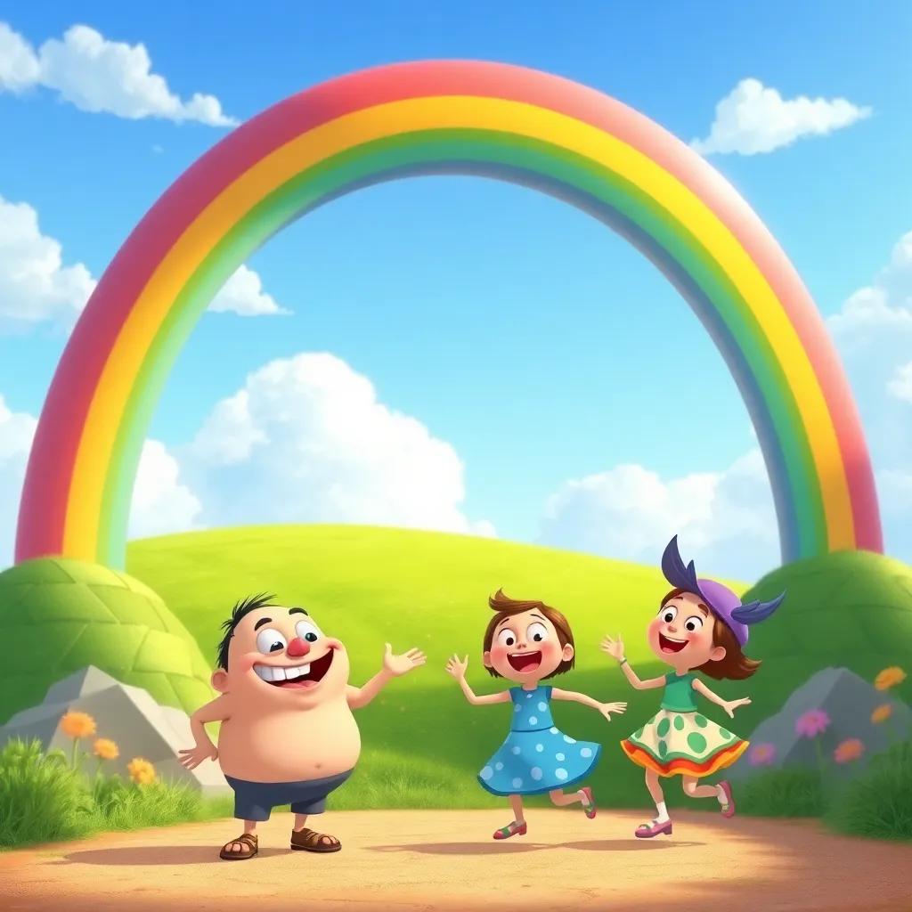 A big colorful rainbow arching across the sky, with Grump and Lily dancing and laughing beneath it, a bright sunny day, cheerful, colorful, joyful atmosphere, high-quality illustration