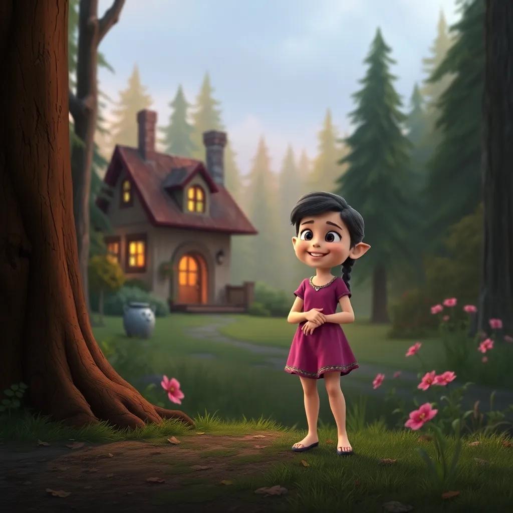 Lily standing at the edge of the forest, her house visible in the background, smiling and looking grateful towards Grump the goblin, warm and inviting colors, heartwarming scene, sense of fulfillment