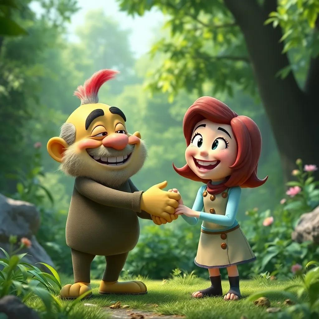 Grump and Lily shaking hands or hugging, both smiling brightly, showing a deep bond of friendship, a lush green forest surrounding them, uplifting, vibrant colors, happy ending scene