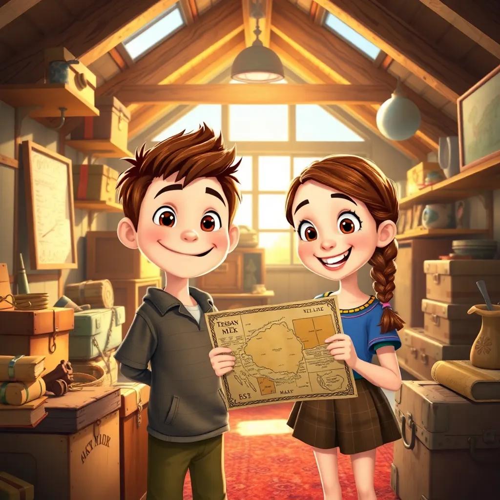 A sunny attic filled with old boxes and dusty items, Max, a smiling boy with short brown hair, and Lily, a cheerful girl with braided hair, holding an old treasure map, vibrant colors, warm light, high quality