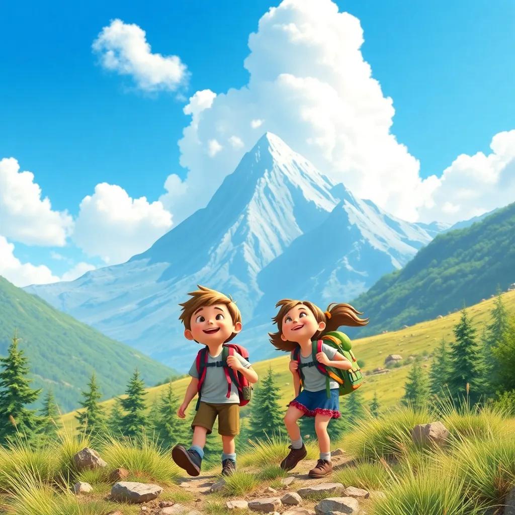 Max and Lily hiking towards a big mountain, with bright blue sky and fluffy clouds above them, carrying colorful backpacks and singing happily, detailed illustration, joyful atmosphere